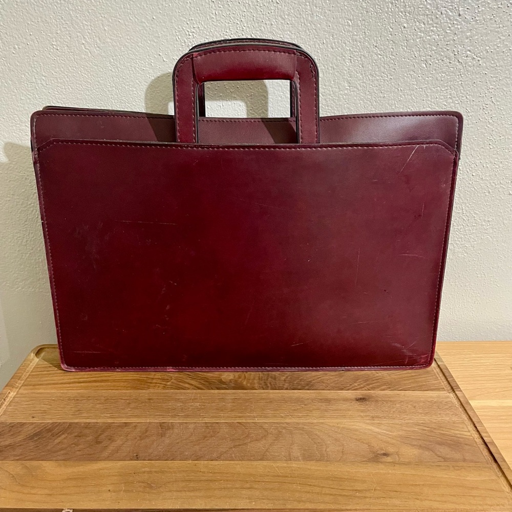 Vintage Leather Briefcase Burgundy Oxblood Dual Handle Structured Work Carry Bag